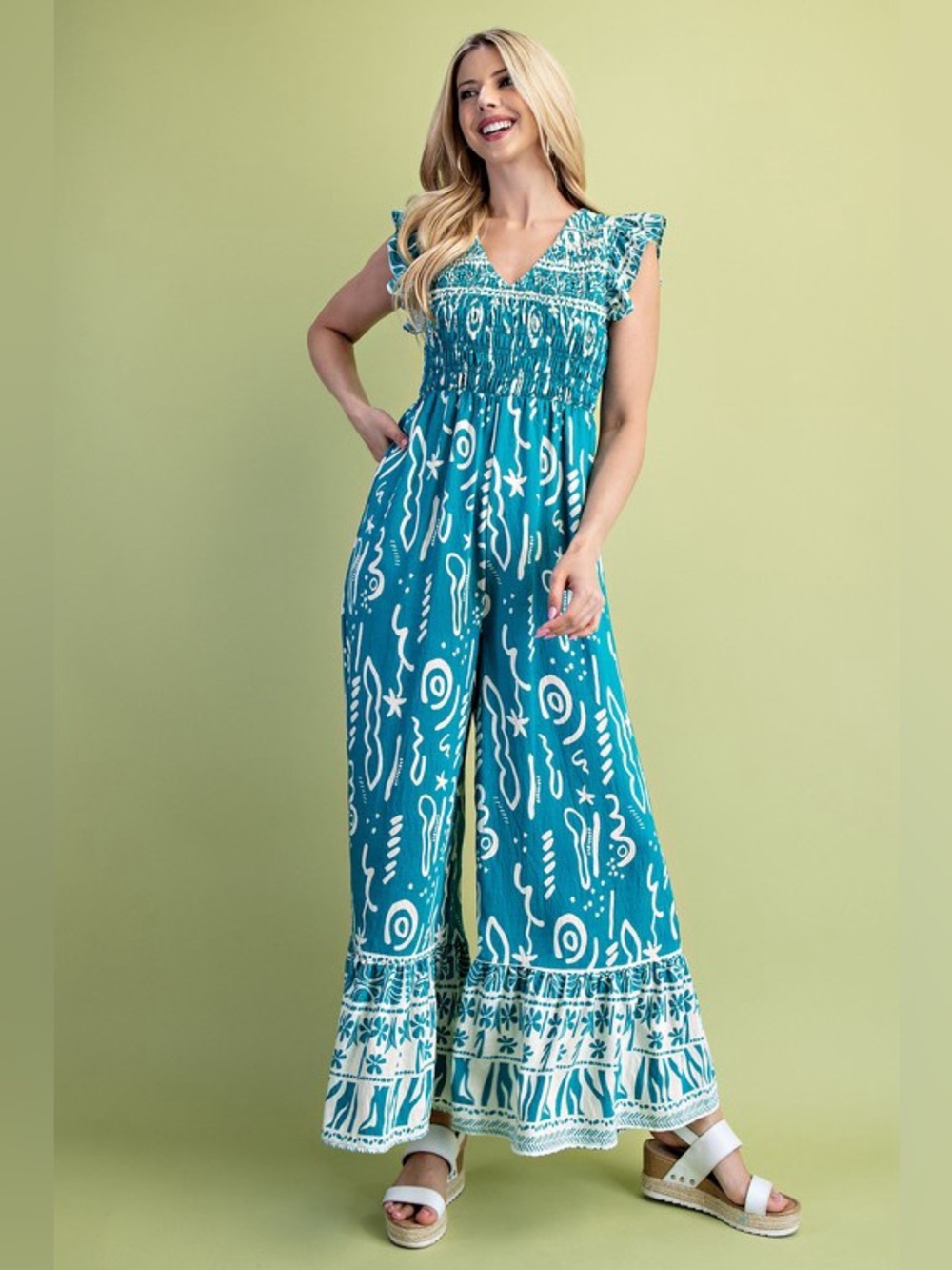 Green Printed Smocked-Waist Wide-Leg Jumpsuit Small NEW - Picture 6 of 6